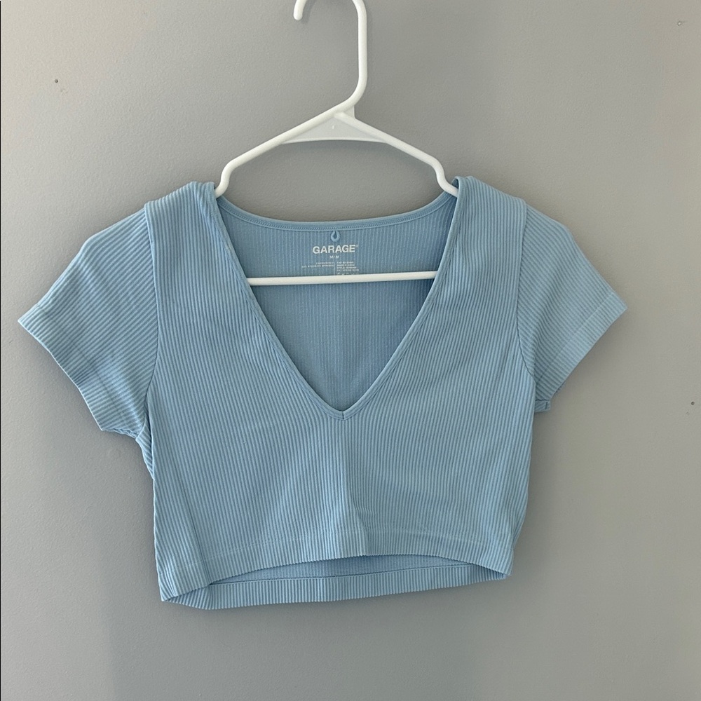 Garage Sky Blue Ribbed V-Neck Crop Top